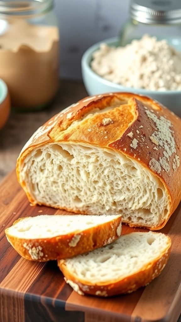 A golden crusted loaf of sourdough bread on a wooden board, with slices showing its soft interior.